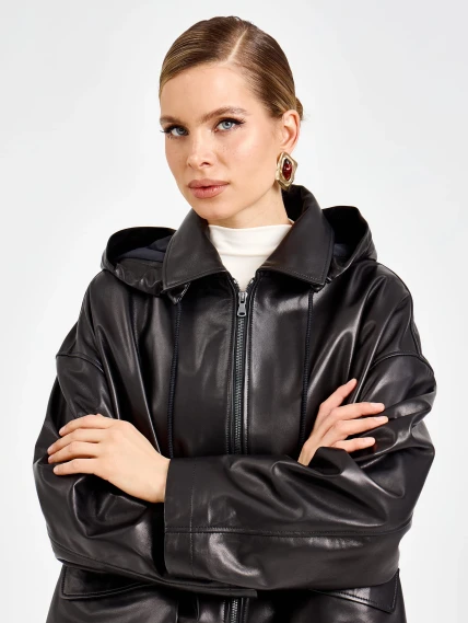 Черная женская кожаная куртка с капюшоном премиум класса 3102, размер 48, артикул 92210-3