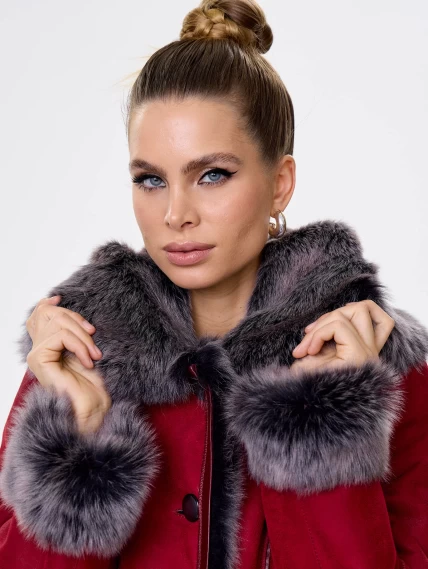 Длинная женская дубленка из тосканы с капюшоном 123нк, красная, размер 50, артикул 61903-2