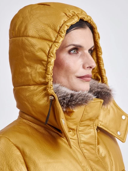 Женская кожаная куртка бомбер с меховым капюшоном премиум класса 3027, желтая, размер 44, артикул 25440-4