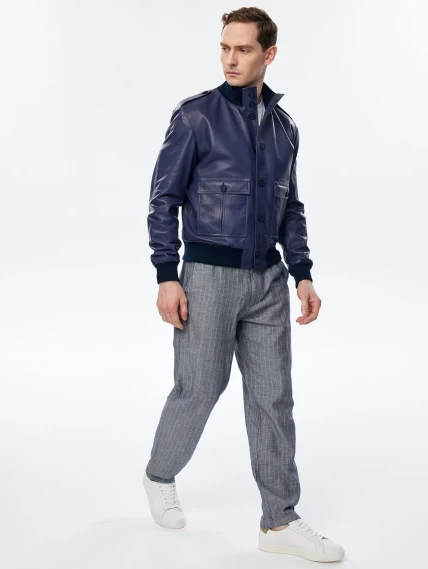 Мужская кожаная куртка бомбер премиум класса Роми, синяя, размер 48, артикул 29720-1
