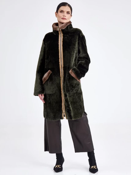 Женская двусторонняя дубленка из астрагана с мехом норки премиум класса 2018, хаки, размер 44, артикул 62770-5