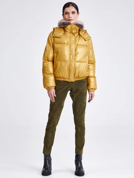Женская кожаная куртка бомбер с меховым капюшоном премиум класса 3027, желтая, размер 44, артикул 25440-5