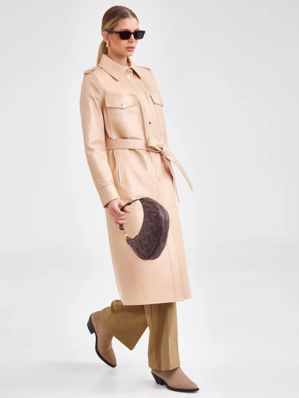 Платье рубашка кожаная женская из натуральной кожи премиум класса 03, бежевая, размер 44, артикул 23181-4