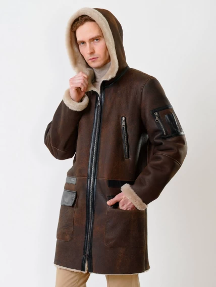 Длинная мужская дубленка с капюшоном премиум класса 429, коричневая, размер 48, артикул 70651-1