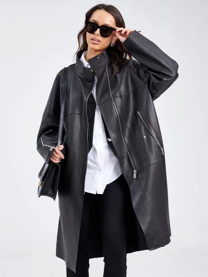Женский кожаный плащ на молнии премиум класса 3041, черный, размер 48, артикул 91890-0