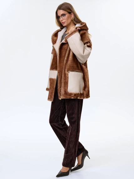 Комбинированная женская дубленка с капюшоном из астрагана премиум класса 2058, бежевая, размер 52, артикул 64140-1