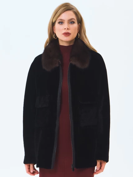 Дубленка женская из астрагана с воротником куницей 2063, черная, размер 46, артикул 64660-4