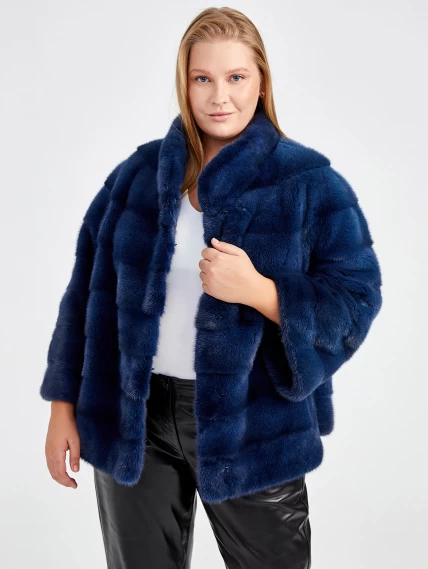 Короткая поперечная женская норковая шуба Ольга(с), синяя, размер 56, артикул 33630-6
