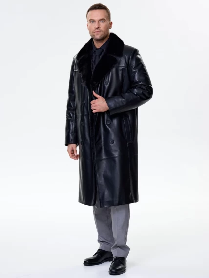 Мужской зимний кожаный плащ с норковым воротником премиум класса 563мех, черный, размер 48, артикул 41120-4