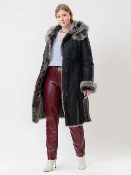 Длинная женская дубленка из тосканы с капюшоном 123нк, черная, размер 52, артикул 61132-3