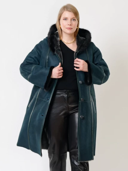 Женская дубленка с капюшоном и отделкой из меха норки 225у, синяя, размер 66, артикул 14860-2