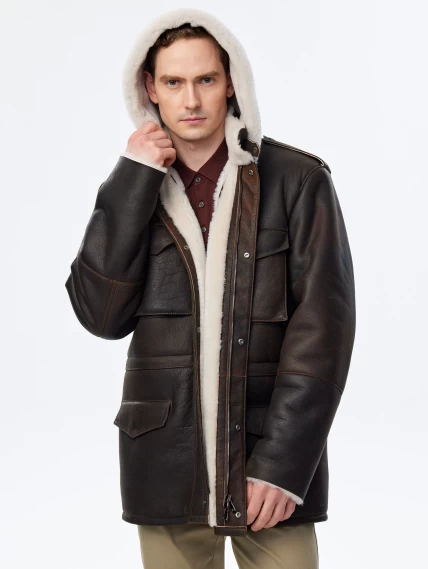Дубленка мужская с капюшоном премиум класса 433, коричневая, размер 48, артикул 70751-4