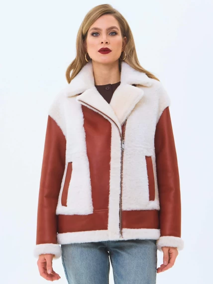 Короткая женская дубленка из натуральной овчины премиум класса 2066, коньячная, размер 44, артикул 64720-7