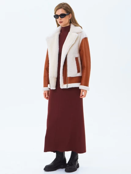 Короткая женская дубленка из натуральной овчины премиум класса 2066, виски, размер 44, артикул 64710-6