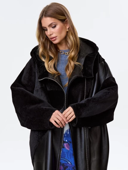 Женская дубленка оверсайз с капюшоном премиум класса 2055, черная, размер 50, артикул 62450-5