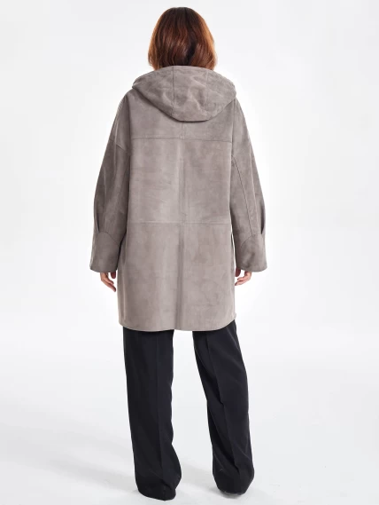 Женское замшевое полупальто оверсайз с капюшоном премиум класса 3059з, серое, размер 52, артикул 64050-1
