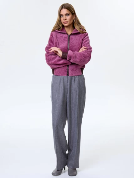 Короткая женская дубленка из астрагана с капюшоном премиум класса 57мех, сиреневая, размер 44, артикул 64240-6