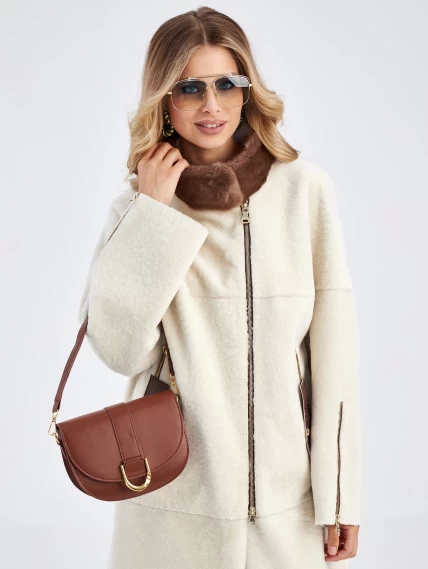 Женская молодежная дубленка с воротником из меха норки премиум класса 2022, белая, размер 48, артикул 63030-4