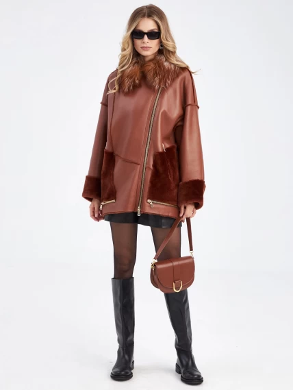 Короткая дубленка оверсайз с воротником лисицы премиум класса для женщин 2042, виски, размер 42, артикул 63190-1