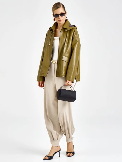 Женская кожаная куртка с капюшоном премиум класса 3102, зеленая, размер 44, артикул 92160-1