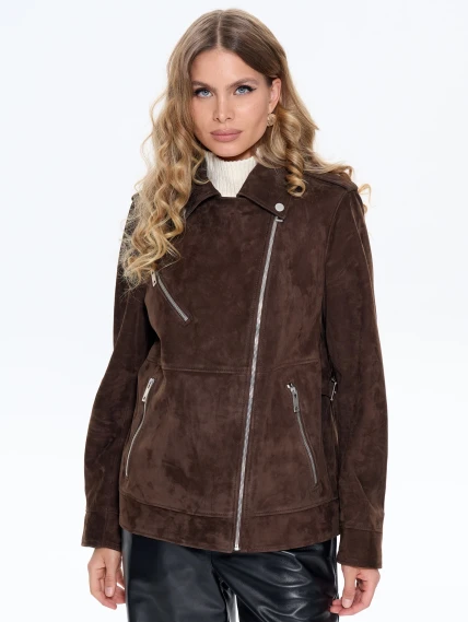 Замшевая женская куртка косуха премиум класса 3079з, коричневая, размер 42, артикул 24700-2