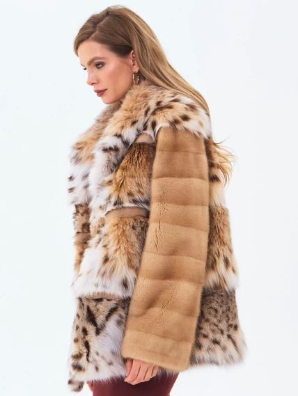 Женская шуба из рысевидной кошки с капюшоном премиум класса Мариана(к), бежевая, размер 46, артикул 34240-3