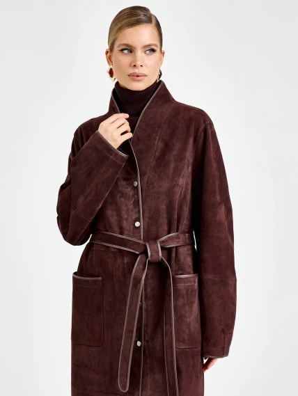 Замшевый женский плащ премиум класса 3104з, коричневый, размер 50, артикул 92310-0
