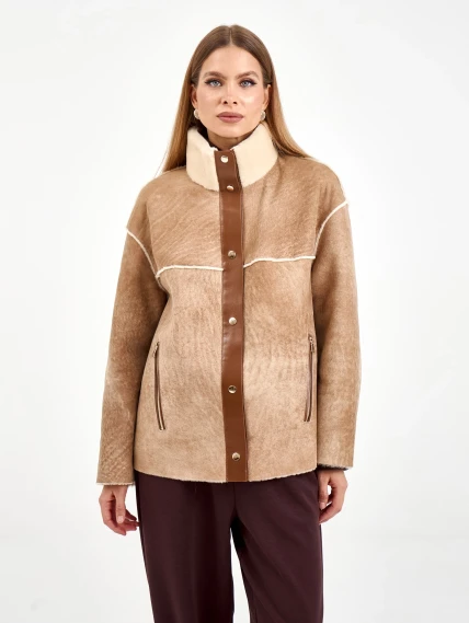 Короткая женская дубленка 2074, бежевая, размер 44, артикул 65250-7