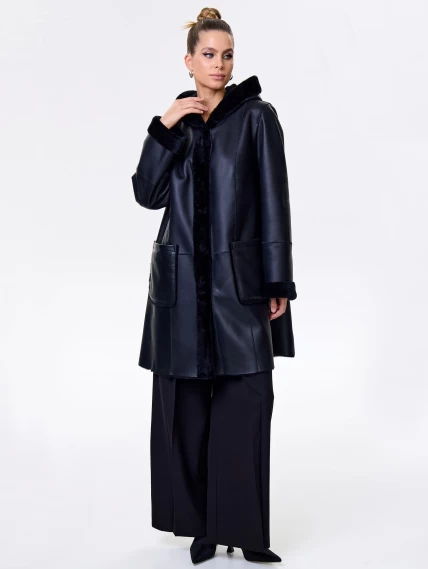 Женская классическая дубленка с капюшоном премиум класса 2004, черная, размер 56, артикул 62820-1