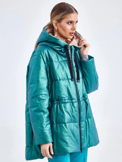 Кожаный женский пуховик оверсайз с капюшоном премиум класса 3021, зеленый, размер 48, артикул 25320-1