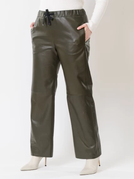 Кожаные широкие женские брюки 06, оливковые, размер 48, артикул 85510-4