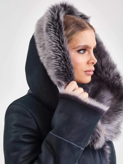 Женское пальто из натуральной овчины с капюшоном 132, синее, размер 44, артикул 64090-3