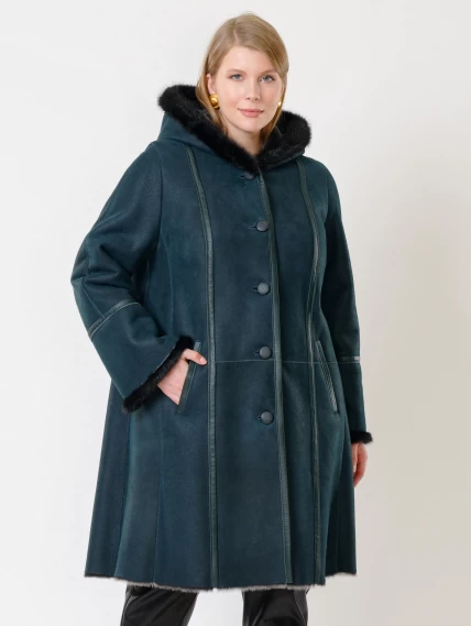 Женская дубленка с капюшоном и отделкой из меха норки 225у, синяя, размер 66, артикул 14860-5