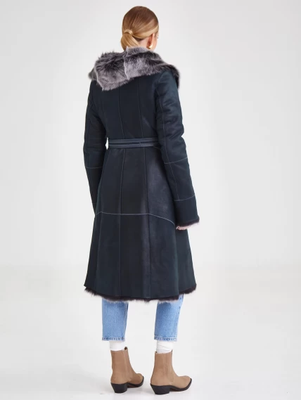 Женское пальто из натуральной овчины с капюшоном 132, синее, размер 44, артикул 64090-5