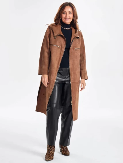 Замшевое женское пальто оверсайз с капюшоном на молнии премиум класса 3058з, светло-коричневое, размер 52, артикул 25700-1