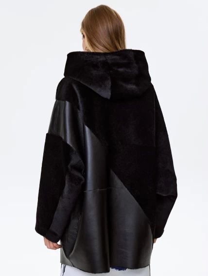 Женское полупальто оверсайз из натуральной овчины с капюшоном премиум класса 2055, черное, размер 50, артикул 64270-6
