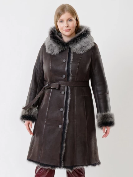 Длинная женская дубленка из тосканы с капюшоном 123нк, коричневая, размер 56, артикул 62082-5