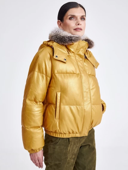 Женская кожаная куртка бомбер с меховым капюшоном премиум класса 3027, желтая, размер 44, артикул 25440-3