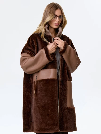 Стильная женская дубленка с норковым воротником премиум класса 2038, коричневая, размер 46, артикул 62440-5