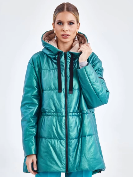 Кожаный женский пуховик оверсайз с капюшоном премиум класса 3021, зеленый, размер 48, артикул 25320-0