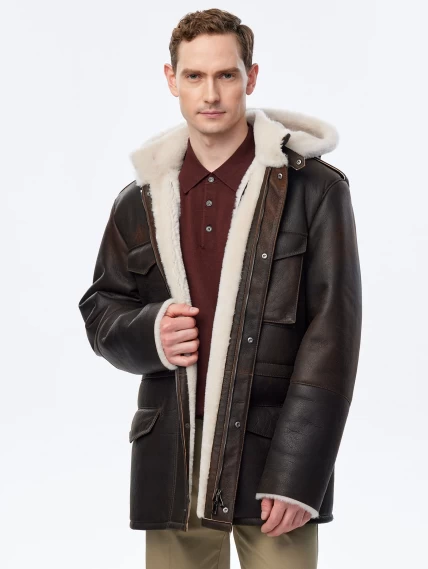 Дубленка мужская с капюшоном премиум класса 433, коричневая, размер 48, артикул 70751-0