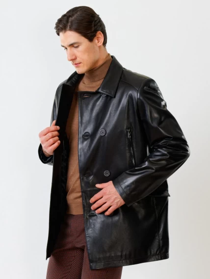 Двубортный мужской кожаный бушлат премиум класса 538, черный, размер 58, артикул 28671-1