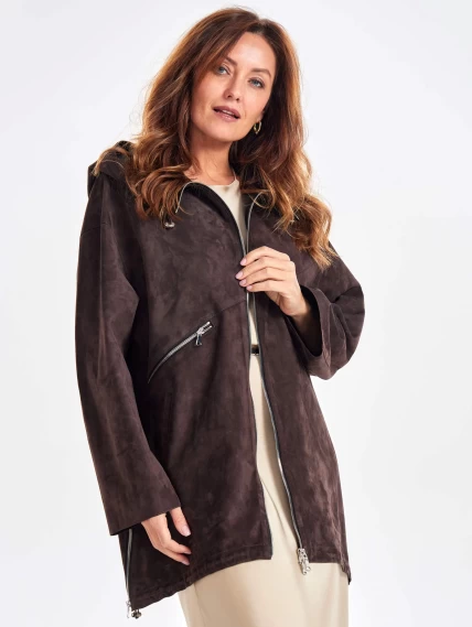 Замшевый женский плащ оверсайз на молнии с капюшоном премиум класса 3053з, коричневый, размер 48, артикул 23470-6