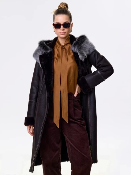 Женская дубленка с капюшоном из тосканы на молнии 265, коричневая, размер 42, артикул 61540-0