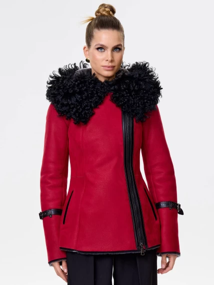 Женская дубленка косуха с капюшоном и отделкой овчиной тиградо 288, красная, размер 42, артикул 14730-7