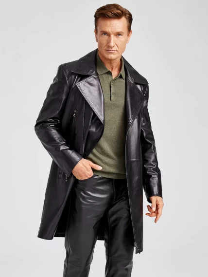 Мужской кожаный плащ косуха премиум класса 554, черный, размер 54, артикул 28920-0