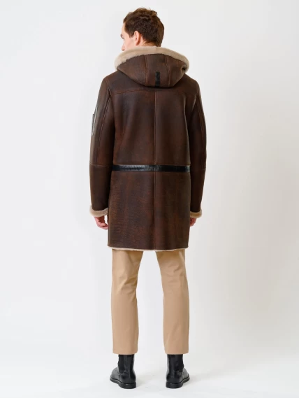 Длинная мужская дубленка с капюшоном премиум класса 429, коричневая, размер 48, артикул 70651-4