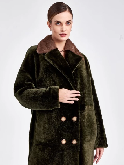 Двусторонняя двубортная женская шуба из астрагана с мехом норки премиум класса 2017, хаки, размер 48, артикул 62791-5