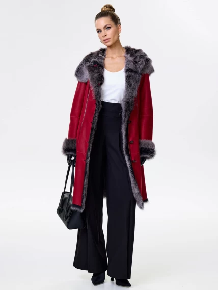 Длинная женская дубленка из тосканы с капюшоном 123нк, красная, размер 50, артикул 61903-6