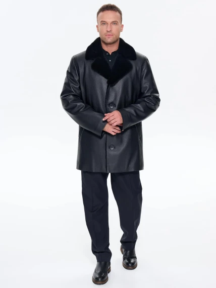 Зимняя кожаная куртка с норковым воротником для мужчин премиум класса 21/1мех, черная, размер 50, артикул 41170-6